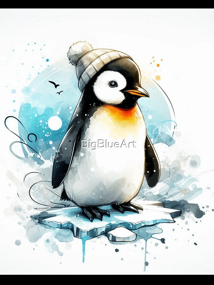 Cute Watercolor Penguin in Knit Beanie by BigBlueArt