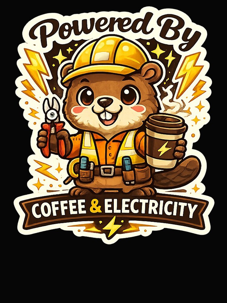 Powered By Coffee & Electricity Funny Electrician Beaver T-Shirt by Pransis_Diginer_26