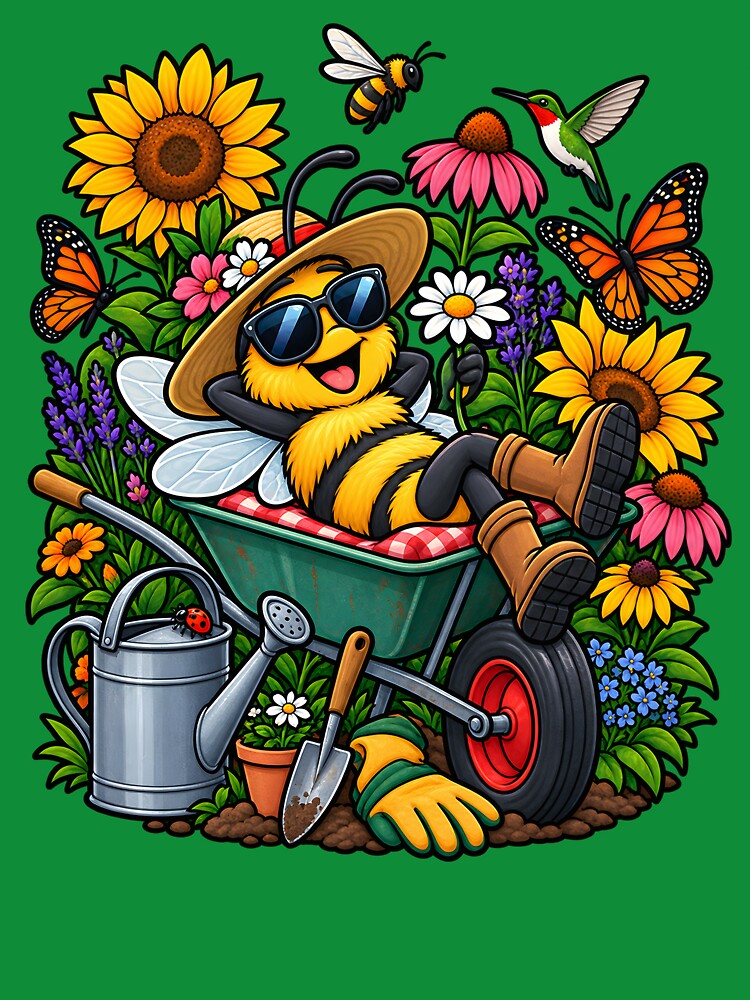 Funny Gardening Bee Wheelbarrow Floral Garden Lover by Tbenghali