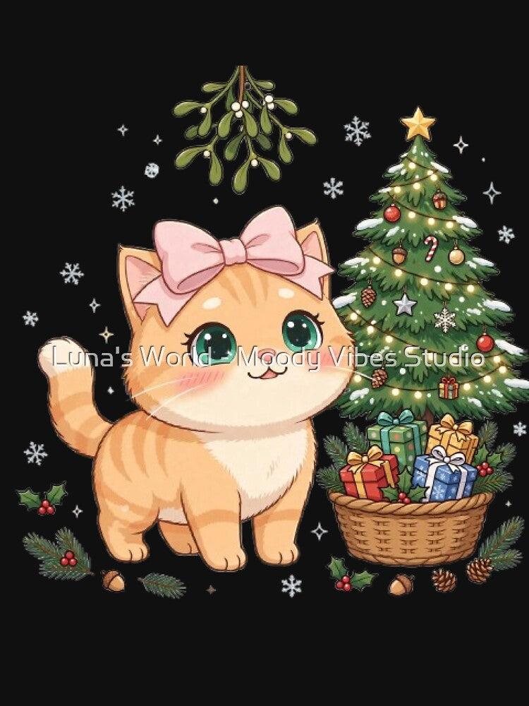 Christmas Cat Under Mistletoe With Tree by Luna's World - Moody Vibes Studio