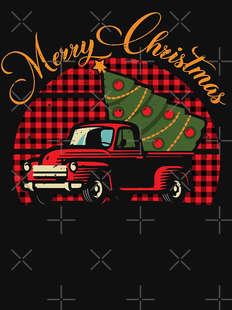 Vintage Buffalo Plaid  Red Truck With Merry Christmas Tree by SIMPLINZ