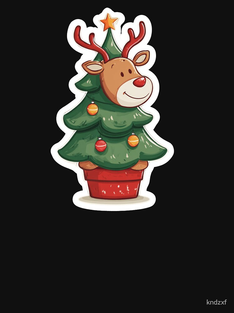 Reindeer on top of Christmas Tree Cartoon sticker desing by kndzxf