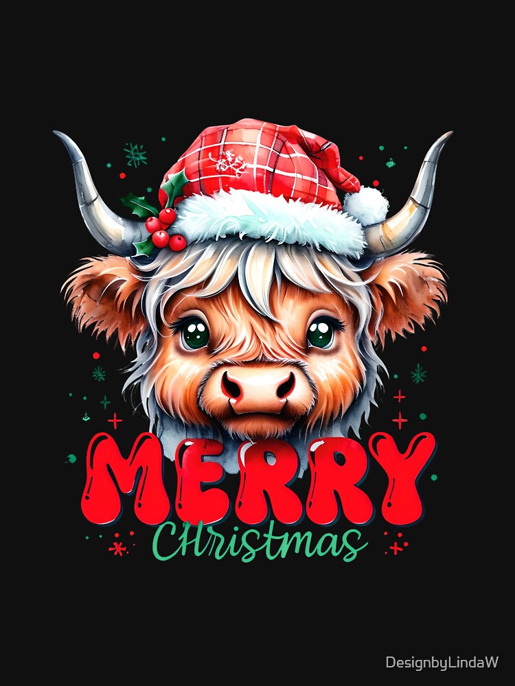 Highland Cow Christmas T-Shirt - Cute Cartoon Heilan Coo Merry Xmas by ArtisticDesignsbyLinda