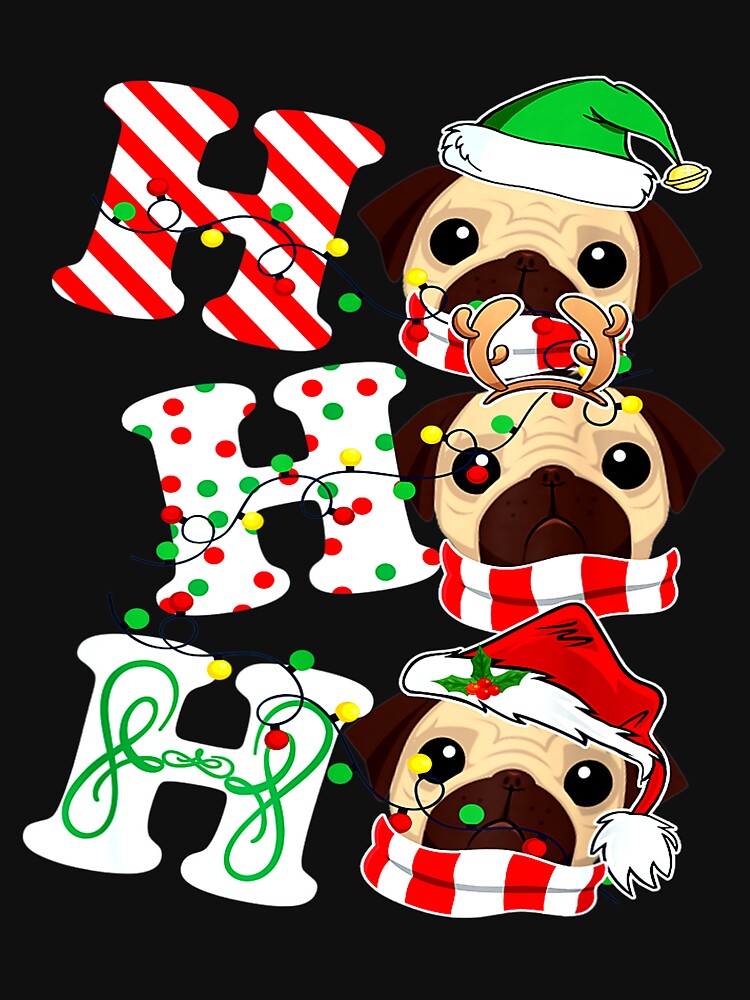 Ho Ho Ho Pug Dog Lights Santa Hat reindeer ELF Christmas by TGMerwin