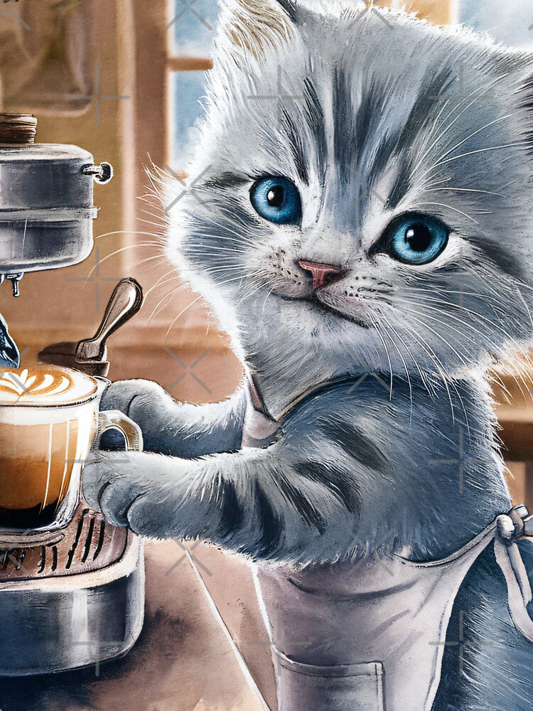 A Cute Gray Kitten Barista Makes A Latte by pixelplaza