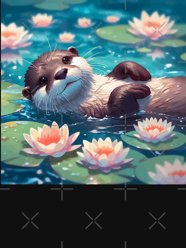 Kawaii Anime Otter Swimming With Water Lily by TomFrontierArt