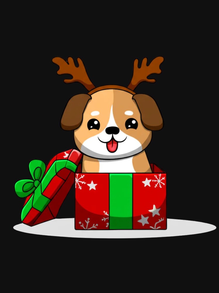 Chibi Dog in Christmas Gift Box – Cute Kawaii Funny Reindeer Antlers Cartoon Design by ColorSplash123