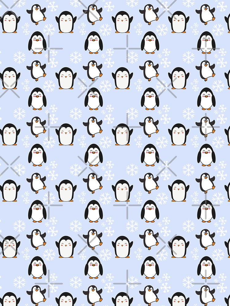 Cute Adorable Penguin and Snowflakes Pattern with Blue Background by NechEmpire