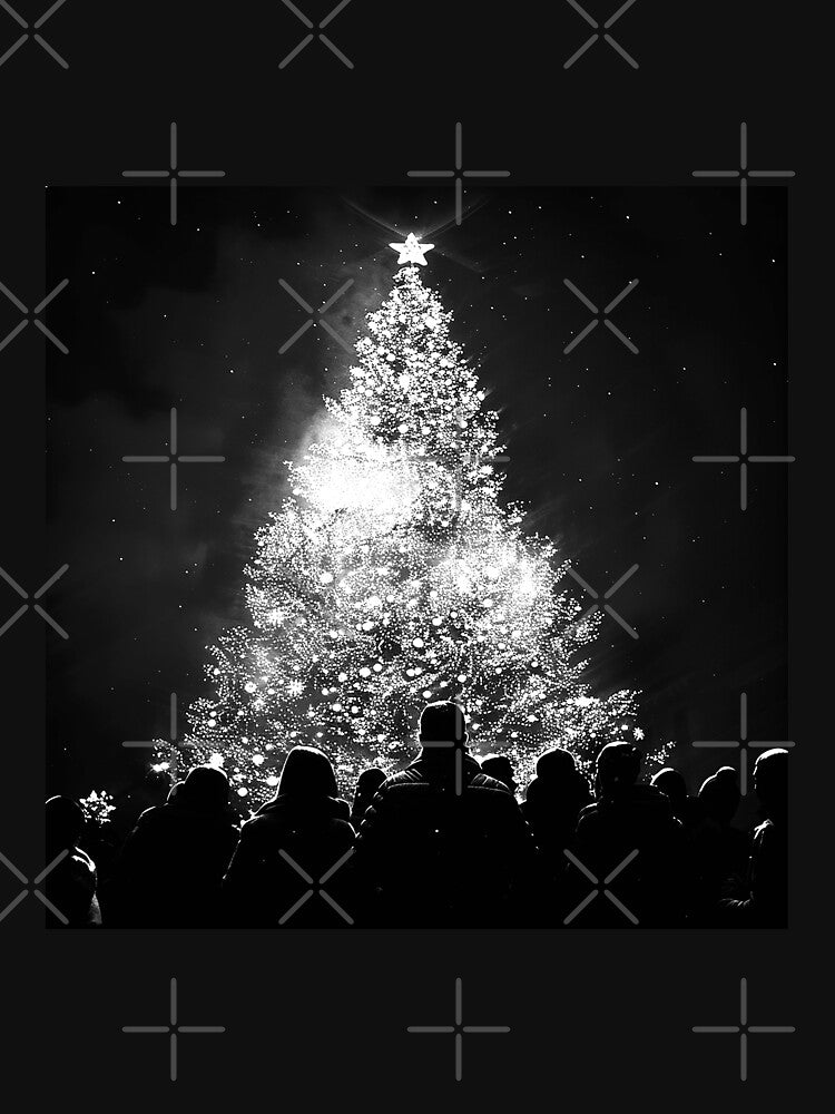 Black and White Christmas Tree Lighting with Festive Crowd by inkoutninja
