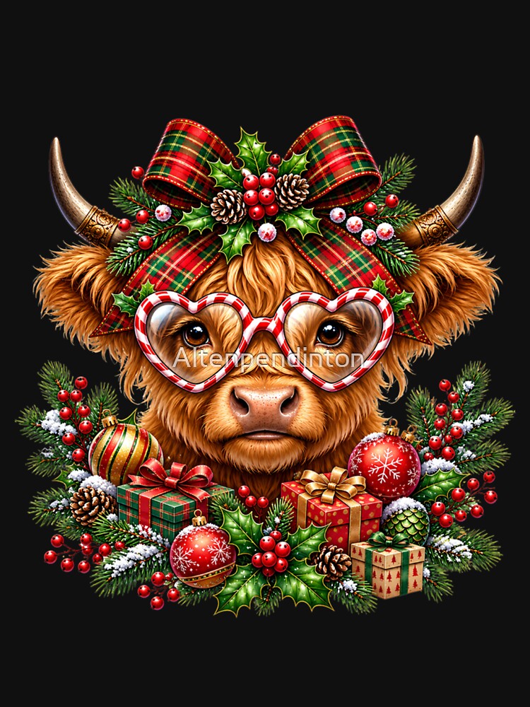 Cute Highland Cow Bow Christmas Moo Farm by Altenpendinton