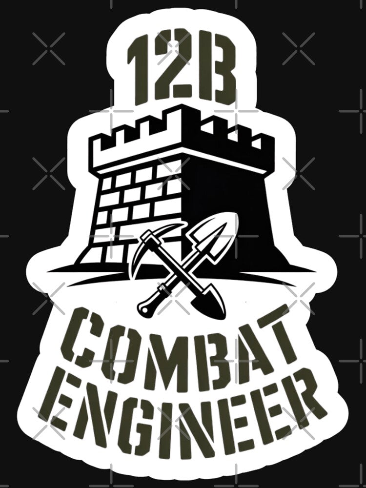 12B Combat Engineer — Castle Tower Emblem with Shovel and Pickaxe U.S. Army MOS Graphic White Outline by GFamilyC
