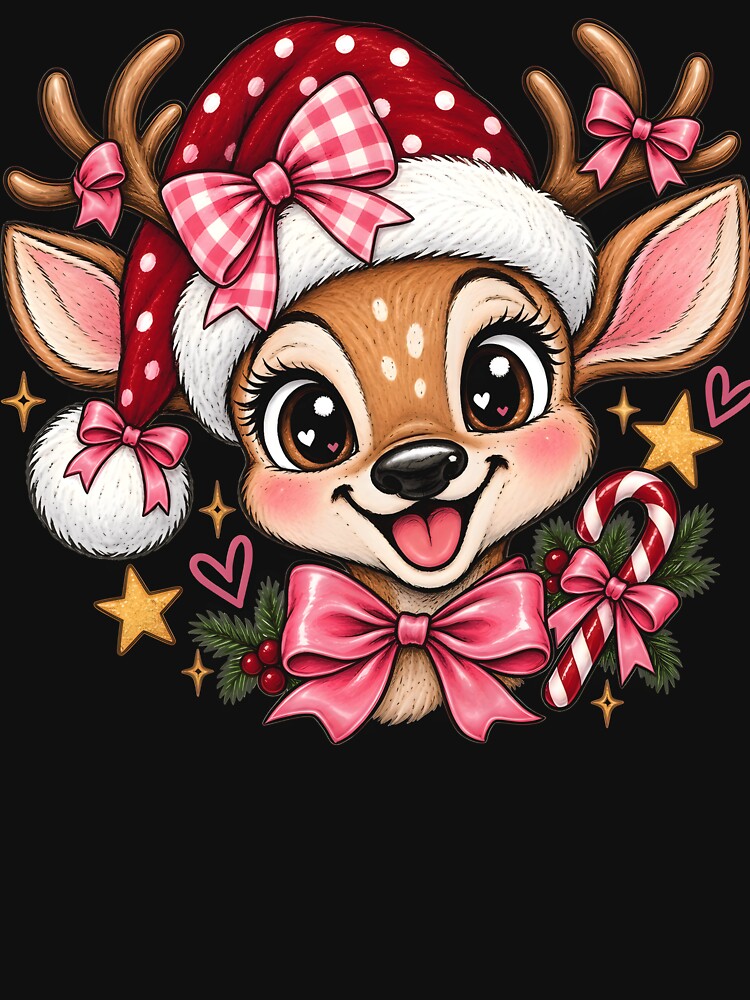 Cute Christmas Reindeer Shirt, Pink Bow Santa Deer Graphic Tee, Kawaii Holiday Christmas Gift, Festive Winter Shirt by Blebaylem