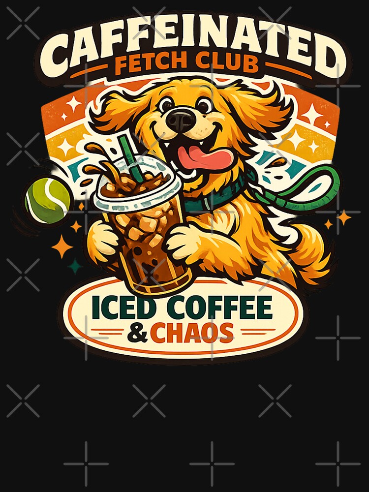Caffeinated Fetch Club Golden Retriever Iced Coffee Dog Shirt by Concrete Coffee Studio