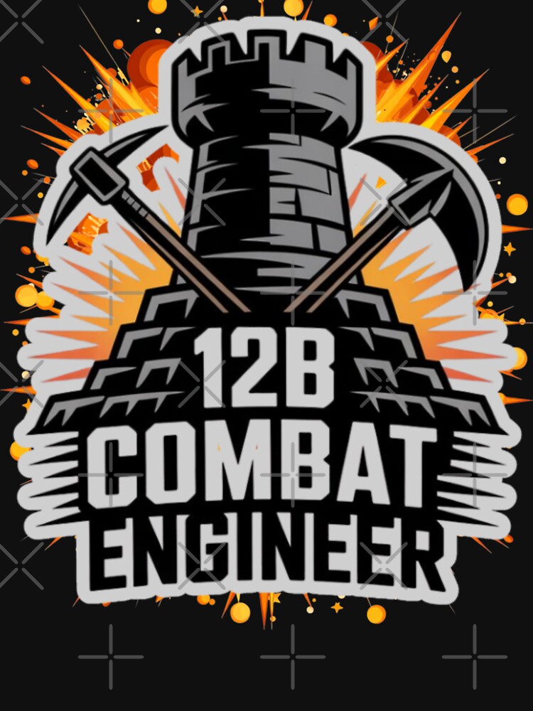 12B Combat Engineer — Castle Tower Emblem with Crossed Pickaxes and Massive Explosion U.S. Army MOS Graphic White Outline by GFamilyC