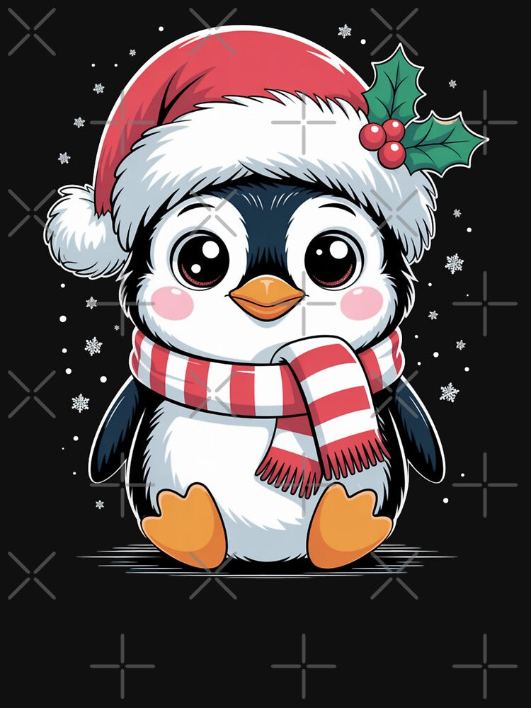 Festive Penguin with Santa Hat, Scarf, and Holly for Christmas by Gogetgiggles