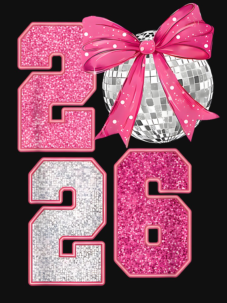 Happy New Year 2026 Disco Ball Pink Coquette Bow Family by MatherFisher
