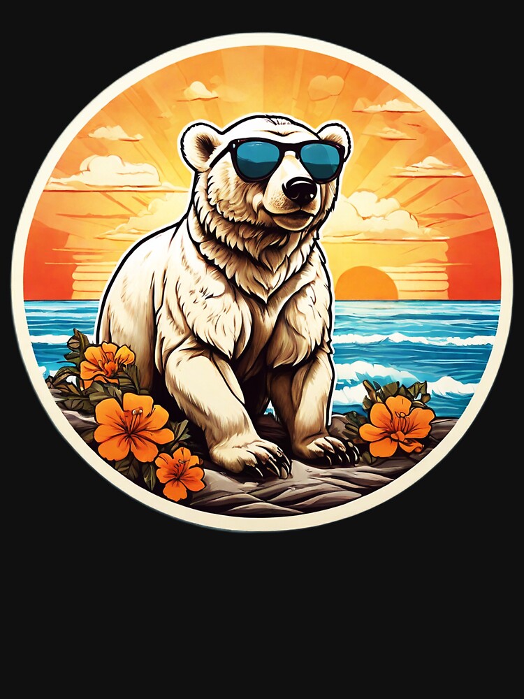 Polar Bear with Sunglasses at Sunset - Hawaii Beach with Orchids by NautiChic