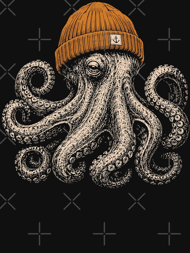 Octopus Wearing Orange Beanie Vintage Cozy Winter by Y-Vibes