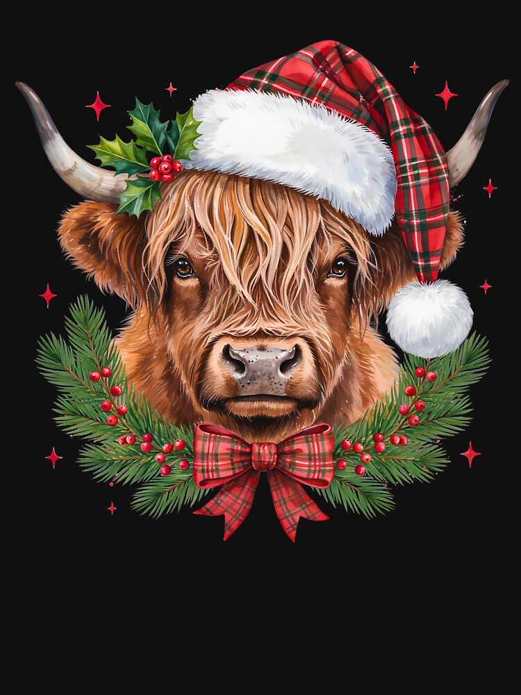 Highland Cow Christmas Plaid Santa Hat Winter Wreath by DYAFLK