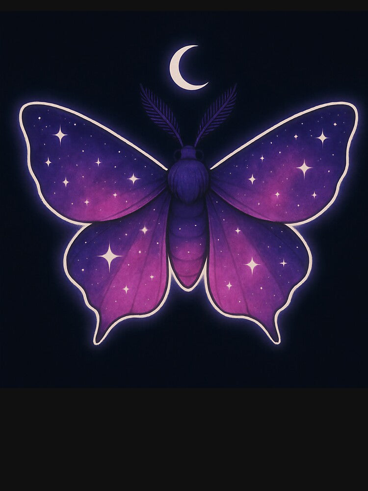Celestial Purple Moth Under Crescent Moon – Cosmic Night Sky Illustration by Zee's Whimsical Wonders