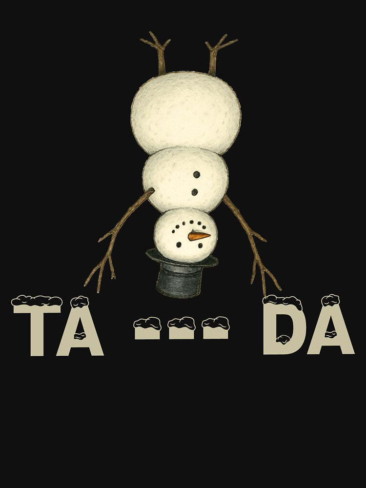 A cute snowman upside down, his arms made of raised branches and his legs of sticks, showing off his tricks " ta --- da ". by Ach&Koor