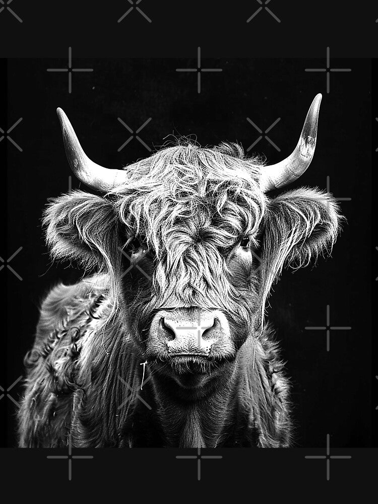 Highland Cow Portrait – Black and White Rustic Farm Animal Art by inkoutninja