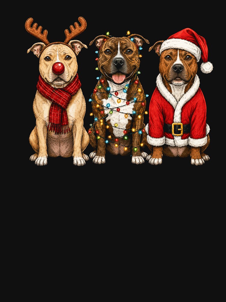 Three Festive Pit Bulls Christmas Holiday Dog Celebration by Moizento