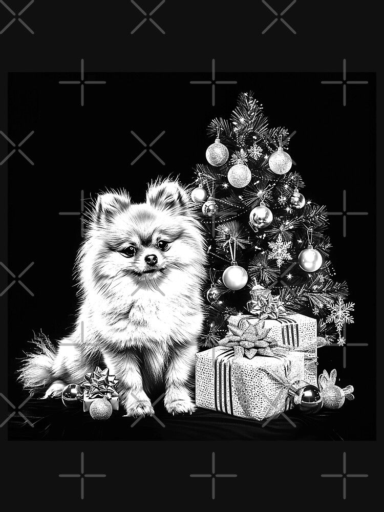Cute Pomeranian Beside Christmas Tree and Gifts by inkoutninja
