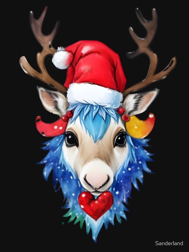 adorable Reindeer head wearing a Santa hat by Sanderland