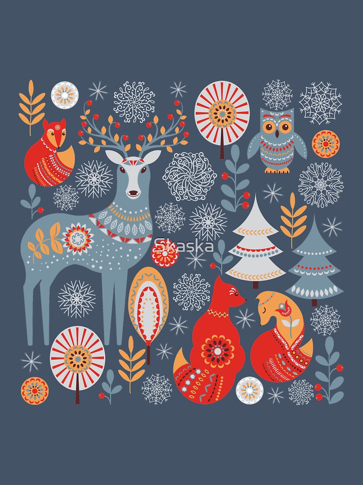 Scandinavian Christmas pattern on a red background. Deer, owls, foxes, trees and grass, snowflakes. Folklore style. by Skaska
