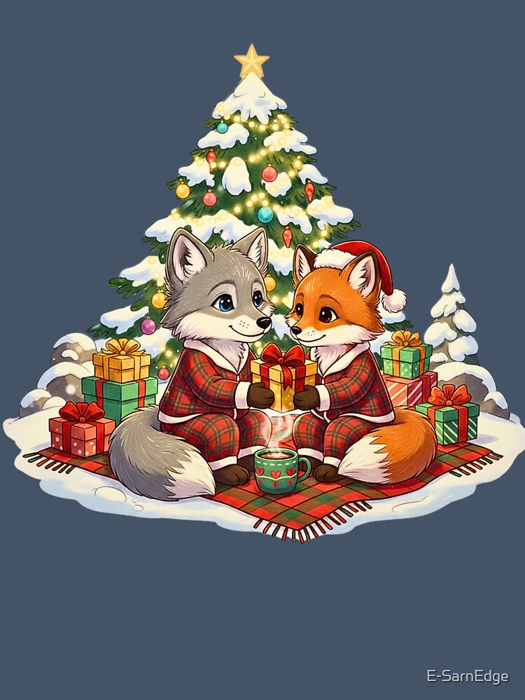 Cozy Christmas Friends | Cute Wolf and Fox in Matching Pajamas by E-SarnEdge
