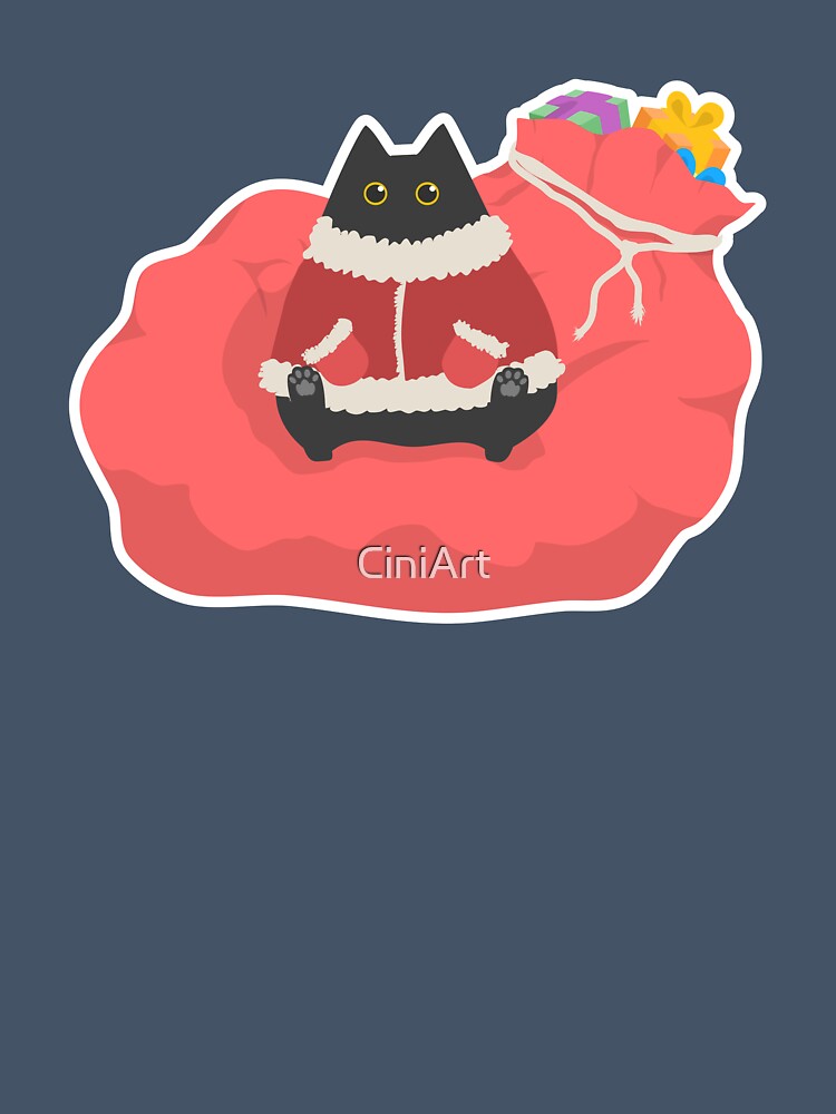 Cute chubby black santa cat with huge red sack of Christmas gifts by CiniArt