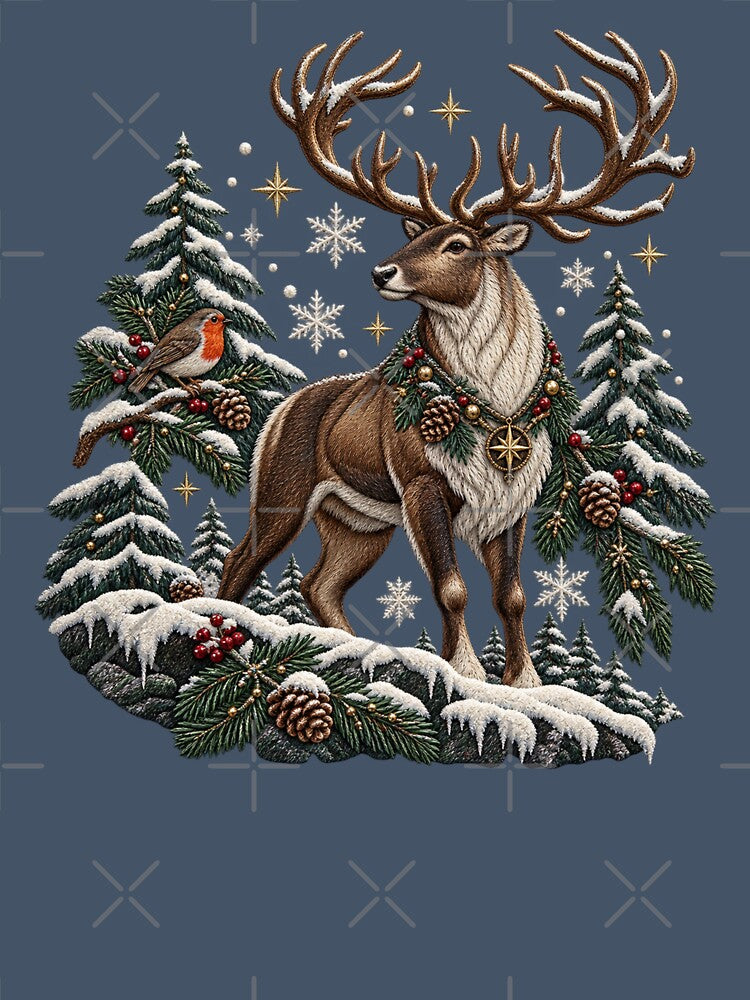 Winter Reindeer Embroidery – Snowy Woodland Robin, Pine Trees & Snowflakes by Emoji Emblems