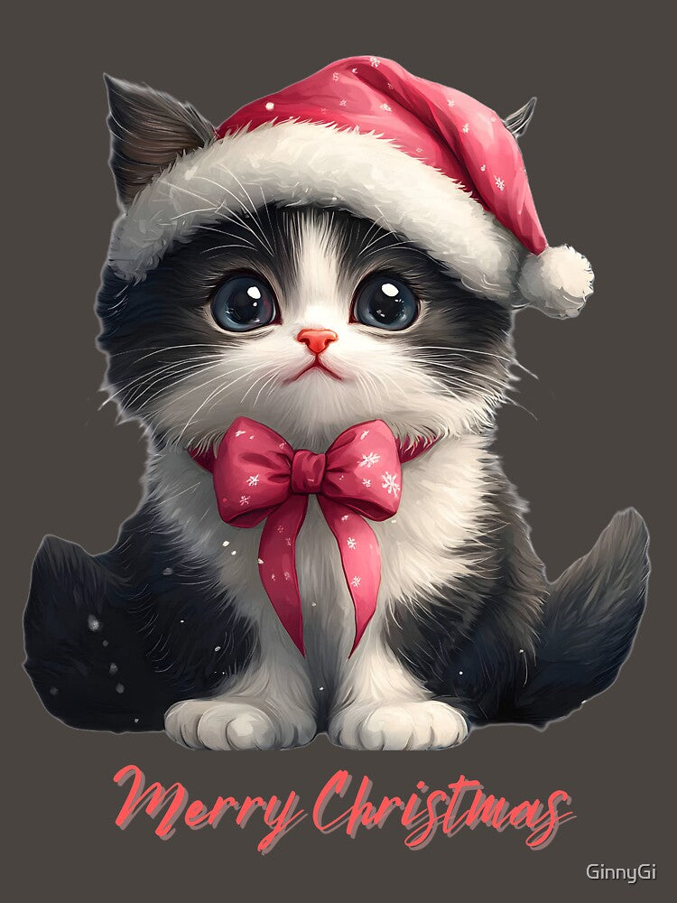 Cat with Christmas Hat and bow and Merry  Christmas by GinnyGi