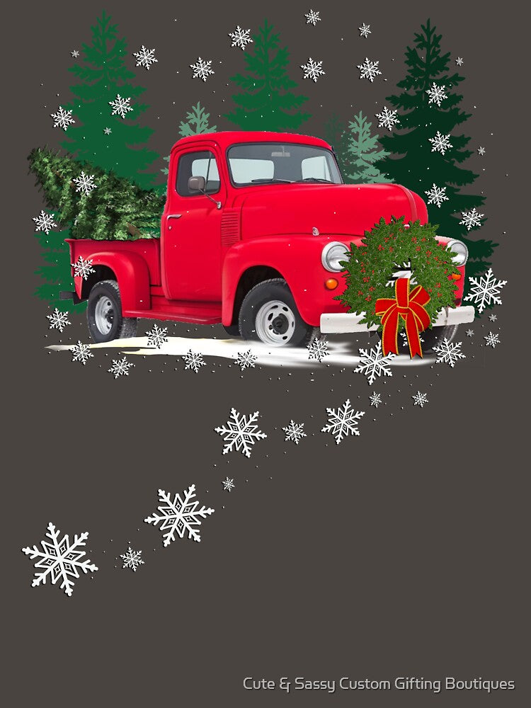 Christmas Vintage Red Truck & Pine Trees in Snow by Cute & Sassy Custom Gifting Boutiques