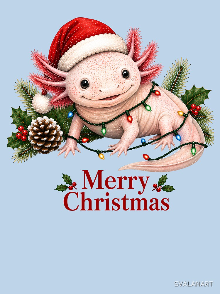 Axolotl Christmas – Merry Christmas Cute Axolotl with Santa Hat & Christmas Lights by SVALANART