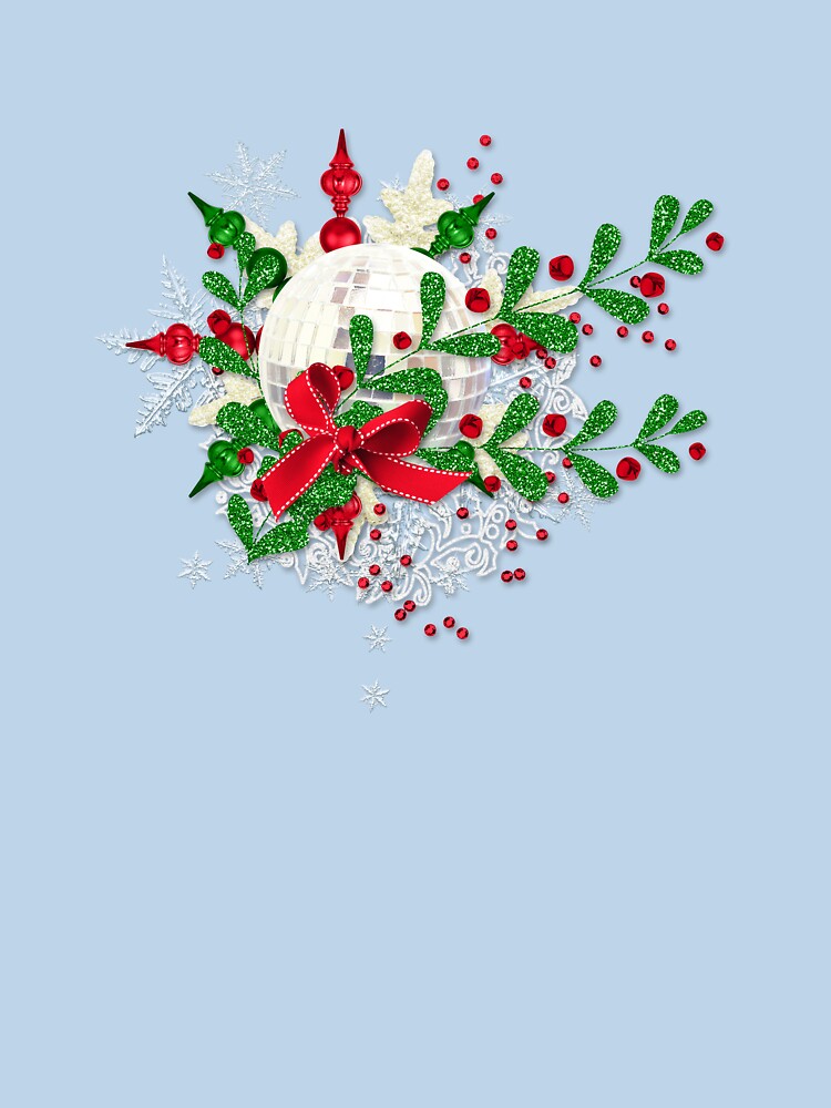Festive Christmas Ornament Wreath with Disco Ball, Red Bow & Green Glitter Leaves by Fashion Empire