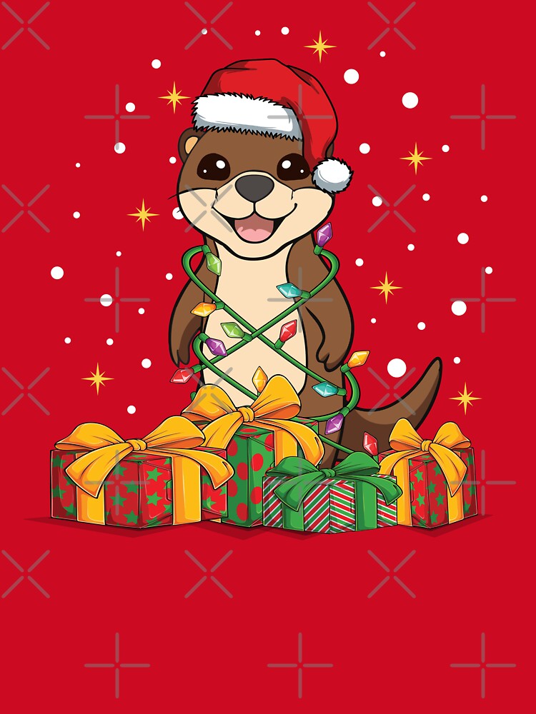 Funny Otter Christmas Gift, Cute Kawaii Otter Wrapped in Christmas lights wearing a Santa Hat by OhBoyLoveIt