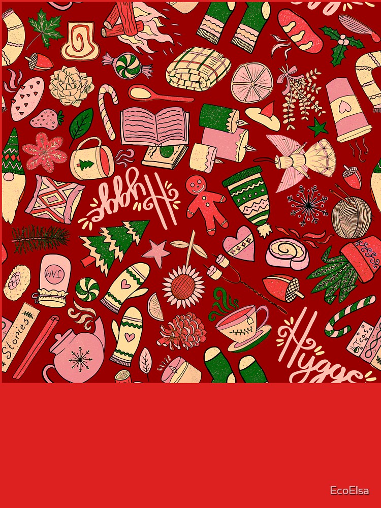 Hygge Doodles Pattern - Christmas Doodles Pattern - Cozy Doodles - Christmas Palette & Dark Red by EcoElsa