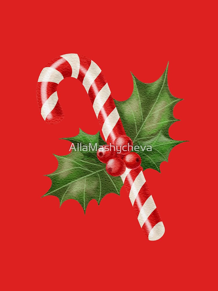 Candy Cane with Holly and Berries Watercolor Illustration by AllaMashycheva