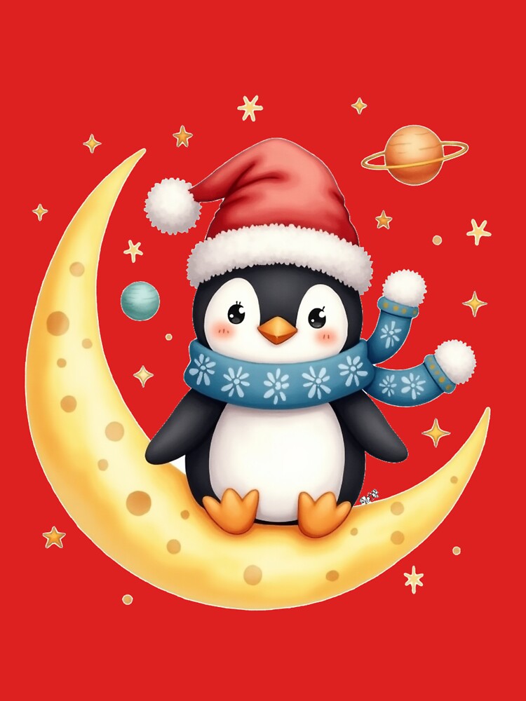 Cute Christmas Penguin on Moon – Winter Holiday Illustration by Vivo Studio by VivoStudio