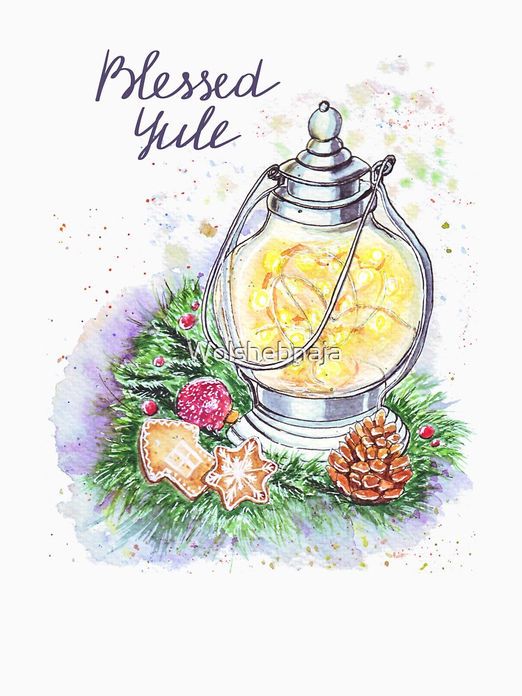 Blessed Yule: Handpainted Watercolor winter solstice greeting by Wolshebnaja