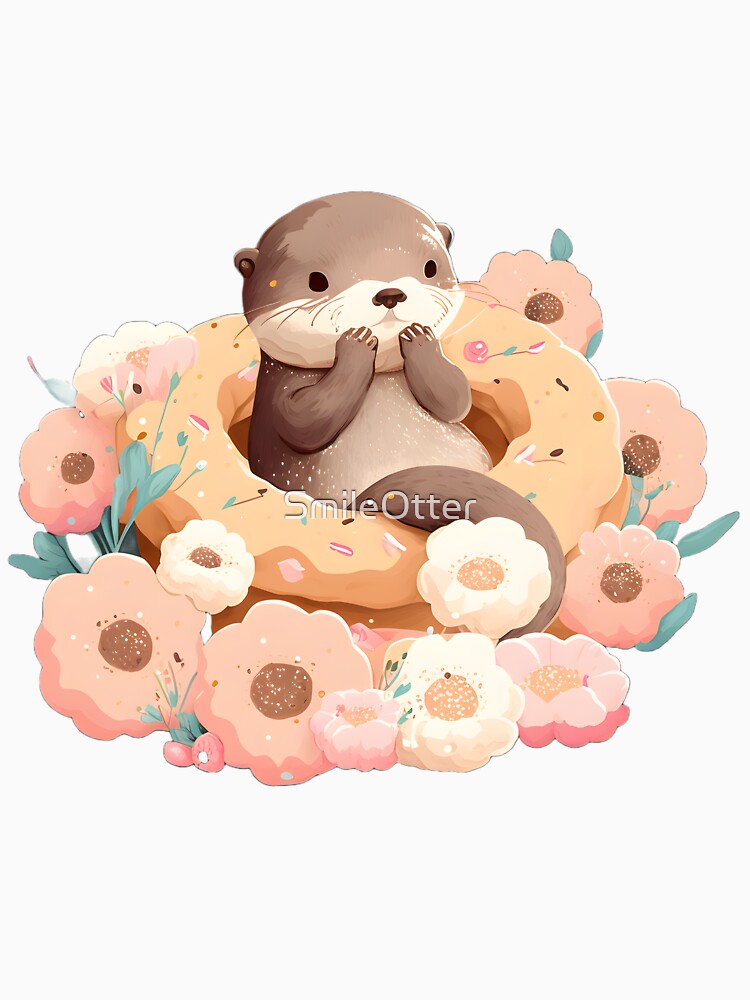 A cute otter eating a big donut in the bunch of pink flowers by SmileOtter