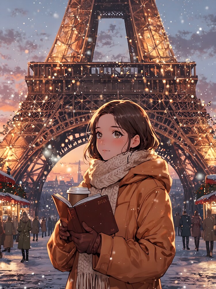 Winter in Paris - Anime Girl at Eiffel Tower Christmas Aesthetic Art by Chibifaceneko