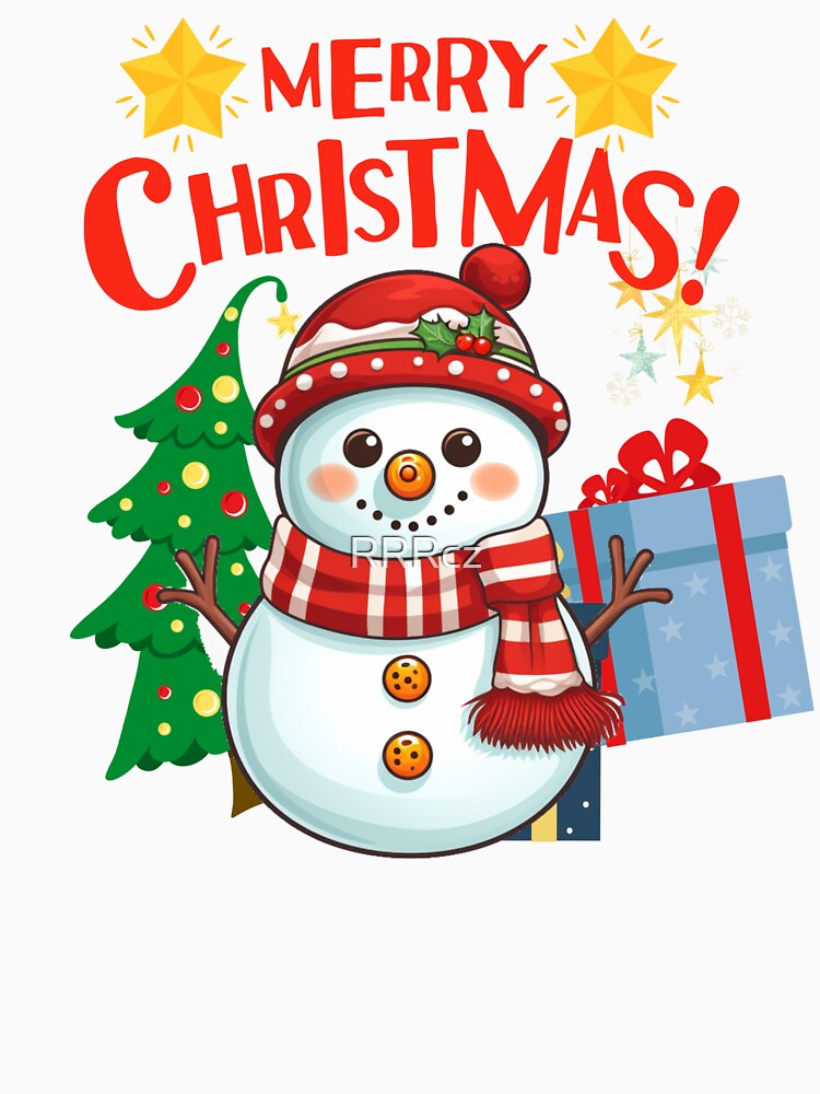 Merry Christmas saying by happy cute snowman cartoon with gift and Christmas tree by RRRcz
