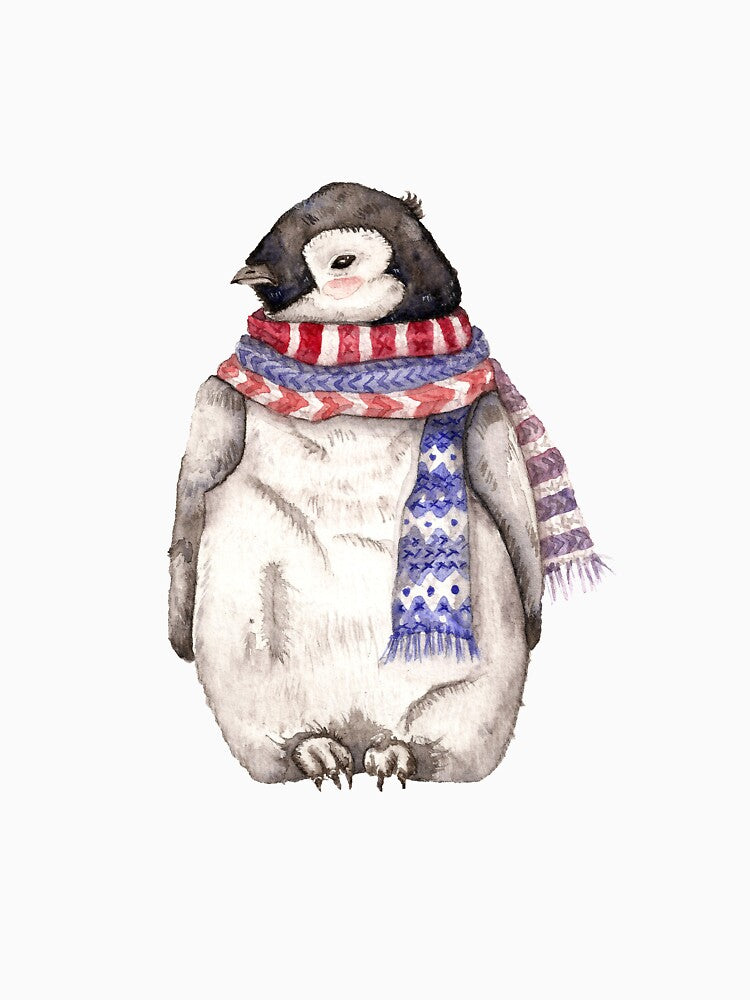 Baby Penguin in a Festive Scarf by Goosi Art