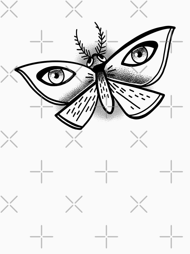 black and white boho tattoo style Moth with open eyes by jazzydevil