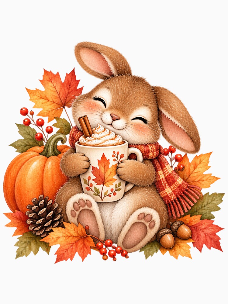 Cozy Autumn Bunny with Pumpkin Spice Latte by GusiaTreasures