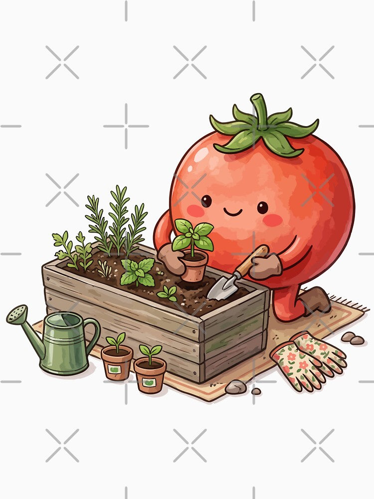 Cute Tomato Gardening and Planting Herbs Kitchen Art by Mellow Doodle Co.