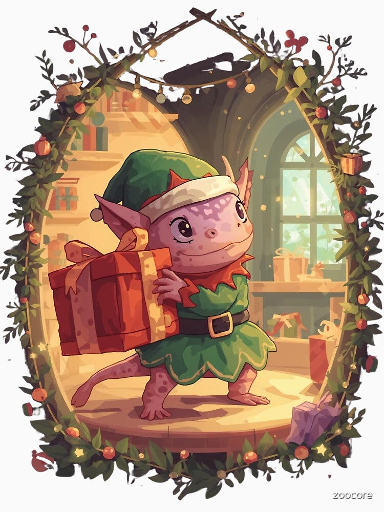 Elf Axolotl Helping Santa – Whimsical Christmas Axolotl Holiday Illustration by zoocore